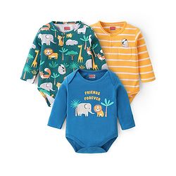 Babyhug 100% Cotton Full Sleeves Onesies Animal Print Pack of 3 -Blue & Yellow