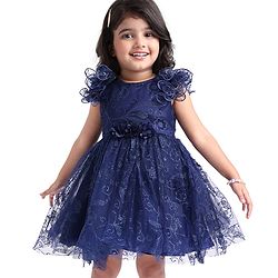 Babyhug Woven Half Ruffle Sleeves Shimmered Fit & Flared Party Frock with Corsage Applique - Navy Blue