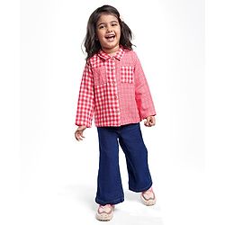 Babyhug Cotton Woven Full Sleeves Checkered Collared Shirt with Wide Legged Denim Jeans - Red & Blue