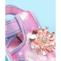 Cute Walk by Babyhug Velcro Closure Musical Sandal with Stone Floral Applique - Blue