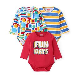 Babyhug 100% Cotton Knit Full Sleeves Striped & Text Printed Onesies Pack of 3 - Red & White