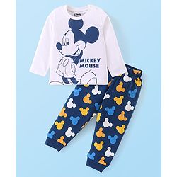 Babyhug Disney Single Jersey Knit Full Sleeves Night Suit With Mickey Mouse Graphics - White & Navy