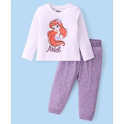 Babyhug Disney Single Jersey Knit Full Sleeves Night Suit With Disney Princess Ariel Graphics - White & Purple