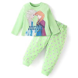 Babyhug Disney Cotton Knit Full Sleeves Night Suit with Elsa & Anna Graphics - Light Green