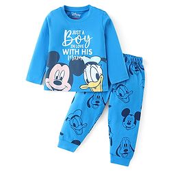 Babyhug Disney Single Jersey Knit Full Sleeves Night Suit With Mickey Mouse & Friends Graphics - Navy