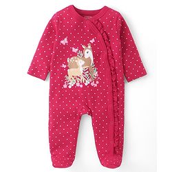 Babyhug Cotton Knit Full Sleeves Sleep Suit With Polka Dots & Deer Print - Dark Pink