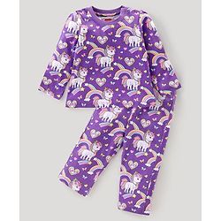 Babyhug Cotton Knit Full Sleeves Night Suit With Unicorn Print - Purple