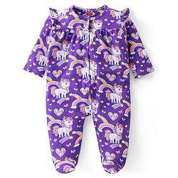Babyhug Cotton Knit Full Sleeves Sleepsuit Unicorn Print - Purple