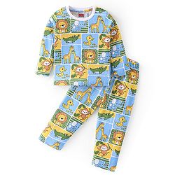 Babyhug Cotton Knit Full Sleeves Night Suit with Animal Print - Multicolour
