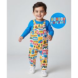 Babyhug Single Jersey Knit Dungaree and Full Sleeves T-Shirt Set with Teddy Print - Yellow & Royal Blue