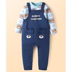 Babyhug Single Jersey Knit Dungaree & Full Sleeves T-Shirt With Teddy Bear Print - Navy Blue