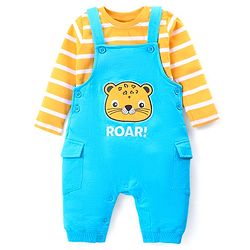 Babyhug Single Jersey Knit Full Sleeves Striped T-Shirt & Dungaree with Cheetah Embroidery - Blue & Yellow