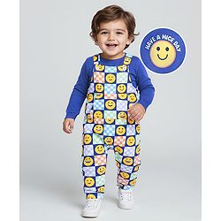 Babyhug Single Jersey Knit Dungaree with Full Sleeves Inner T-Shirt Emoji Print - Navy Blue