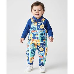 Babyhug Single Jersey Knit Full Sleeves T-Shirt & Text Printed Dungaree - Blue