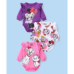 Babyhug Disney Interlock Knit Full Sleeves Onesies with Frill Detailing Marie 101 Dalmatians & Minnie Mouse Print Pack of 3 - Purple Pink & White