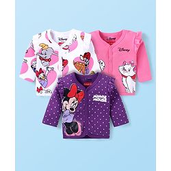 Babyhug Disney Interlock Knit Full Sleeves Front Open Vests with Marie Dumbo & Minnie Mouse Print & Frill Detailing Pack of 3 - Purple Pink & White