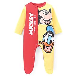 Babyhug Disney Interlock Knit Full Sleeves Footed Cut & Sew Sleep Suit with Mickey Mouse Graphics - Red & Yellow