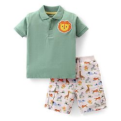 Babyhug Cotton Knit Half Sleeves Polo T-Shirt & Shorts Set With Lion Applique & Animals Print - Green & White