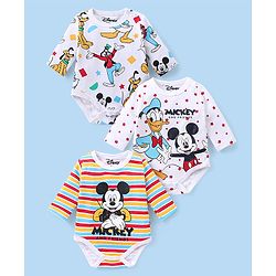 Babyhug Disney Interlock Knit Full Sleeves Mickey Mouse Printed Onesies Pack of 3 - White