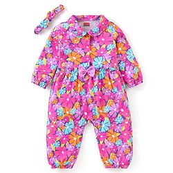 Babyhug 100% Cotton Interlock Full Sleeves Floral Printed Romper with Hairband & Bow Applique - Dark Pink