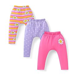 Babyhug Cotton Knit Full Length Diaper Leggings With Floral & Polka Dots Print Pack Of 3 - Pink Yellow & Lilac