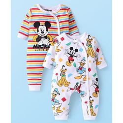 Babyhug Disney Interlock Knit Full Sleeves Rompers with Mickey Mouse Print Pack of 2 - White Green & Red