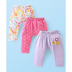 Babyhug Interlock Knit Full Length Diaper Leggings Polka Dots & Floral Print Pack of 3 - Pink & Lilac