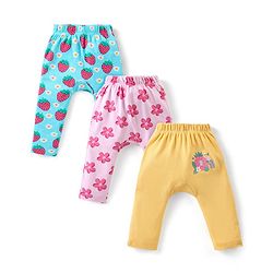 Babyhug Interlock Full Length Comfort Fit Diaper Leggings Floral & Strawberry Print Pack of 3 - Light Blue Light Pink & Yellow