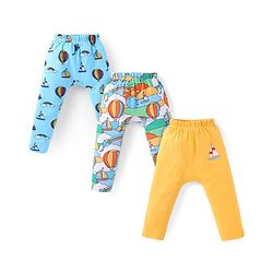 Babyhug Cotton Knit Full Length Diaper Leggings With Sailboats & Hot Air Balloons Print Pack Of 3 - Aqua Mustard & Sea Green