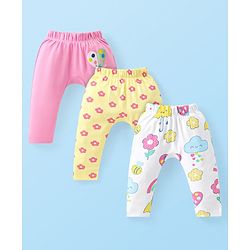 Babyhug Interlock Knit Full Length Diaper Leggings With Hearts & Floral Print Pack Of 3 - Yellow White & Pink