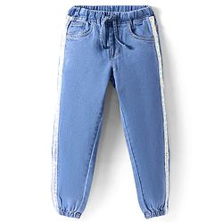 Babyhug Full Length Washed Denim Jogger With Tape & Stretch - Blue