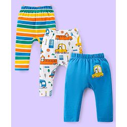 Babyhug Interlock Knit Full Length Diaper Leggings Vehicle & Animals Print Pack of 3 - Blue & White