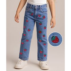 Babyhug Full Length Washed Denim Jeans With Strawberry Embroidery - Blue