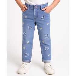 Babyhug Full Length Washed Denim Jeans with Hearts Embroidery & Stretch - Blue
