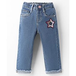 Babyhug Full Length Washed Denim Jeans With Sequin Detailing & Stretch - Blue