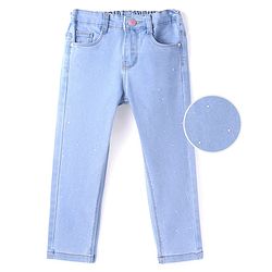 Babyhug Denim Full Length Rhinestones Embellished Jeans with Stretch Solid Colour - Light Blue