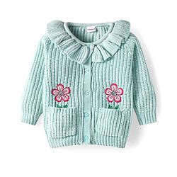 Babyhug Knit Full Sleeves Front Open Sweater With Frill & Sequinned Floral Design with Pockets- Light Blue