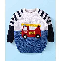 Babyhug Knitted Full Raglan Sleeves Striped & Fire Truck Designed Pullover Sweater - White Blue & Navy
