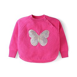 Babyhug Knitted Full Raglan Sleeves Butterfly Sequinned Detailed Sweater - Dark Pink