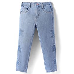 Babyhug Denim Full Length Butterfly Embroidered Stretchable Jeans - Blue main image 1