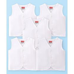 Babyhug 100% Cotton Cambric Woven Sleeveless Front Open Solid Jhablas Pack of 5 - White
