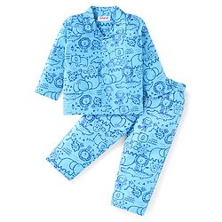 Babyhug Cotton Woven Full Sleeves Front Open Night Suit With Animals Print - Blue