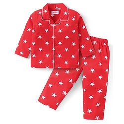 Babyhug Cotton Woven Full Sleeves Front Open Night Suit With Stars Print - Red