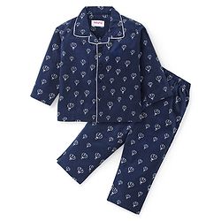 Babyhug Cotton Woven Front Open Full Sleeves Collar Neck Night Suit with Parachute Print - Navy Blue