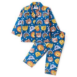 Babyhug Cotton Woven Full Sleeves Front Open Collared Night Suit Bear Print - Blue