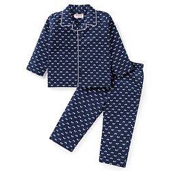 Babyhug Cotton Woven Full Sleeves Front Open Night Suit With Scooters Print - Navy