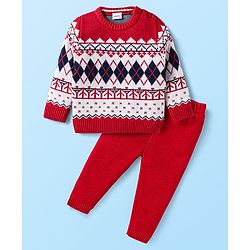 Babyhug Knitted Full Sleeves Pullover Sweater Set With Chevron Design - Red
