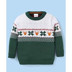 Babyhug Knitted Full Sleeves Pullover Sweater With Intarsia Design - White & Green