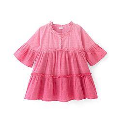 Babyhug Rayon Woven Full Sleeves Swiss Dot Tiered Frock With Ombre Detailing - Pink