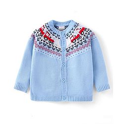 Babyhug Knitted Full Raglan Sleeves Front Open Sweater with Car Design - Light Blue
